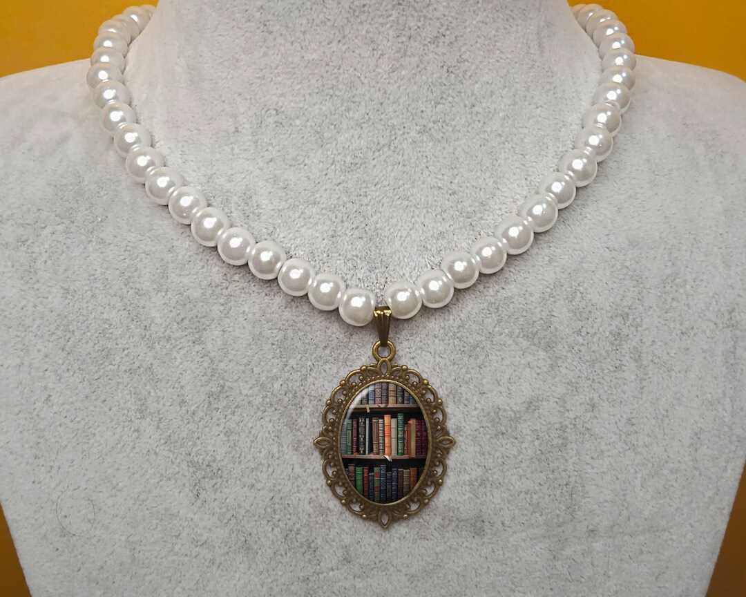 Book Necklace With Pearl Beads, Library Book Lovers Pendant, Bookworm ...