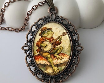 Banjo Frog Necklace – Whimsical Cottagecore Jewelry, Fairycore Pendant, Fantasy Nature Gift