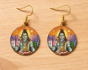 Shiva Round Drop Earrings – Hindu Deity Art Jewelry