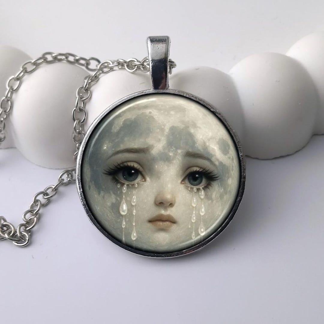 Crying Moon Face Necklace – Sad Moon Art Pendant, Emotional Celestial ...