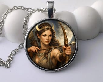 Goddess Artemis Necklace – Moon & Bow Greek Mythology Pendant, Huntress Art Jewelry