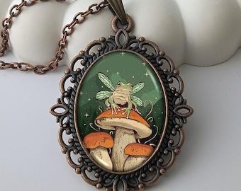 Winged Frog Necklace – Mystical Forest Art Pendant, Fantasy Mushroom Necklace, Fairycore Jewelry, Whimsical Art Necklace