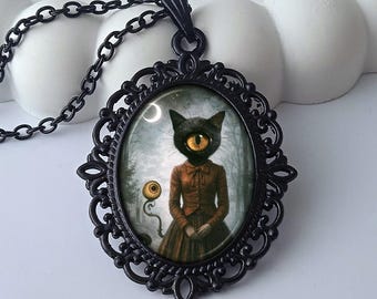 Surreal Cat Eyeball Necklace • Gothic Fantasy Pendant • Creepy Cute Art Jewelry
