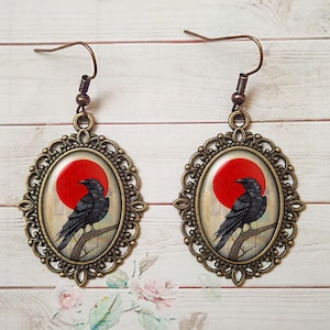 Raven Under The Red Moon Earrings, Edgar Allan Poe's Raven Jewelry