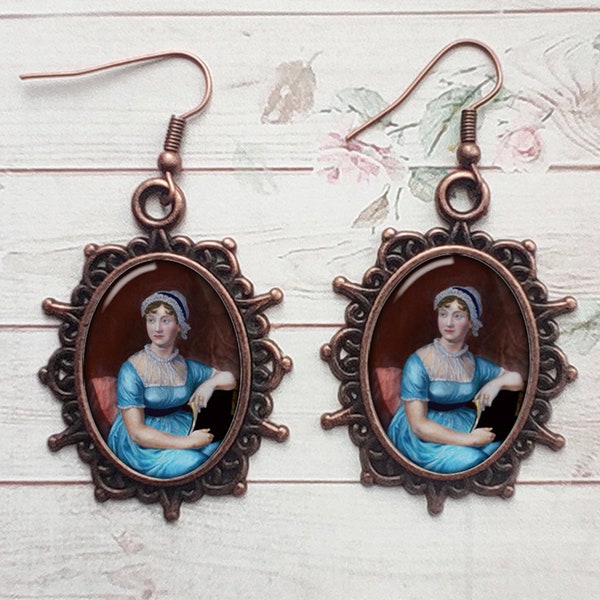 Jane Austen Bronze Anhänger Ohrringe, Literatur Schmuck, Buchliebhaber Geschenk
