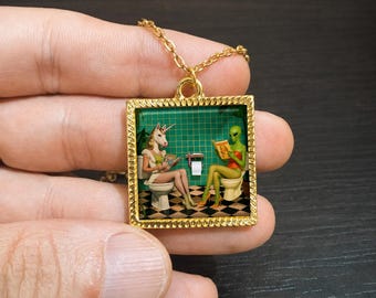 Surreal Alien Unicorn Bathroom Necklace, Dreamcore Pendant, Weirdcore Jewelry, Retro Fantasy Art Necklace