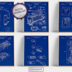 May include: A collection of six framed patent blueprint prints on a blue background. The prints depict the schematics of various technological devices, including headphones, a computer, and a floppy disk. The prints are labeled with technical information and are in a wooden frame. A digital download sticker is visible.