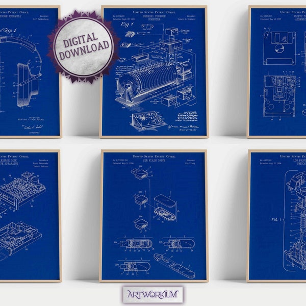 Set of 6 Computers & Electronics Patent Prints [Vol. 3 - Blueprint] - Computer Gaming Room Wall Art. Hardware Home Decor. Gifts For Geeks