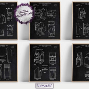 Video Game Cabinets Set Of 6 Patent Prints [Vol. 1 - Chalkboard] Gaming Room Wall Art, Arcade Machine Nostalgia, Poster Decor Gamer Gifts