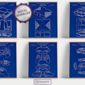 Retro Video Games Console Set Of 6 Patent Prints [Vol. 3 - Blueprint] Gaming Room Wall Art, Gaming Room Nostalgia, Poster Decor Gamer Gift