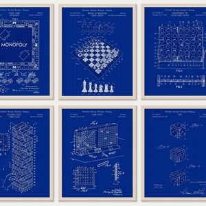 Set of 6 Game Patent Prints [Vol. 2 - Blueprint] Classic Games Night. Retro Tabletop Games Wall Art. Board Games Lover Gift. Game Room Decor