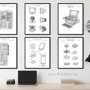 May include: Six black and white United States patent prints featuring technical diagrams of computer hardware, including a motherboard, monitor, laptop, circuit board, handheld device, and heat sink assembly, displayed in black frames on a wall.