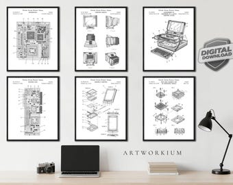May include: Six black and white United States patent prints featuring technical diagrams of computer hardware, including a motherboard, monitor, laptop, circuit board, handheld device, and heat sink assembly, displayed in black frames on a wall.