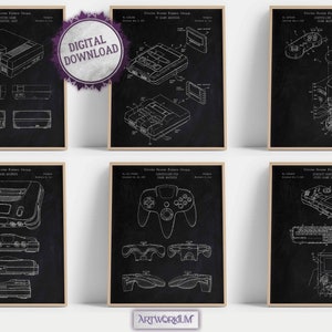 Console de jeux vidéo rétro, lot de 6 gravures de brevet [Vol. 1 - Version tableau], oeuvre d&#39;art murale pour salle de jeu, nostalgie du jeu vidéo, cadeaux déco pour gamer