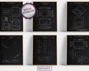 以下が含まれることがあります： 異なるビデオゲーム機のヴィンテージな特許図面を描いた、白黒の印刷可能なポスター6枚セット。コンソールには、任天堂ゲームキューブ、任天堂DS、任天堂3DS、ゲームボーイアドバンス、任天堂スイッチ、Wiiが含まれています。