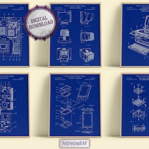 May include: A collection of six framed patent blueprints of computer components, including a motherboard, monitor, camera, and laptop. The prints are white on a blue background, with the text "DIGITAL DOWNLOAD" on a circular sticker.