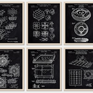 Set of 6 Game Patent Prints [Vol. 3 - Black Chalkboard] | Classic Games Night. Retro Games Wall Art. Board Games Lover Gift. Game Room Decor
