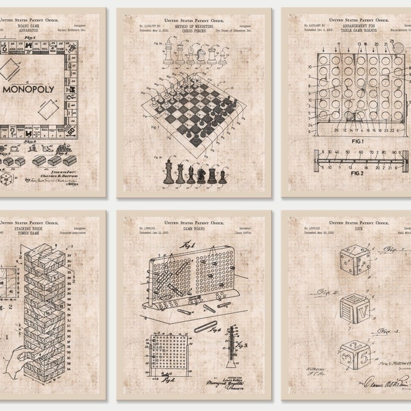 Set of 6 Game Patent Prints [Vol. 2 - Old Paper] Classic Games Night. Retro Tabletop Games Wall Art. Board Games Lover Gift.Game Room Decor