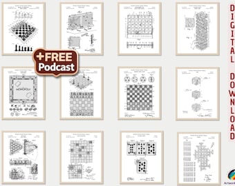 Patenttryck med vintagebrädspel + PODCAST: Dekor till brädspelsrum [Volym 1 och 2 - Vit] (Digital nedladdning)