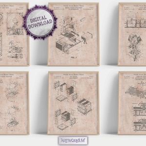 May include: Set of six framed vintage computer patent prints. Each print features detailed technical drawings of computer components, including a hard drive, CPU, and keyboard. The prints are in sepia tones, with the words "DIGITAL DOWNLOAD" on a circular sticker.