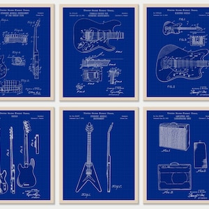 Set of 6 Guitar Patent Prints [Blueprint] | Musician Gift | Electric Guitar Print | Amplifier Print | Music Instrument INSTANT DOWNLOAD