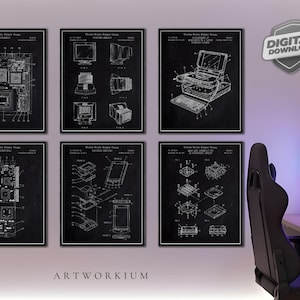 May include: A set of six black and white technical patent prints featuring detailed diagrams of computer hardware components, including motherboards, monitors, and portable devices, displayed in a grid on a wall with white lines and text.