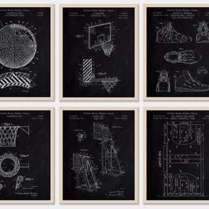 Set of 6 Basketball Patent Prints [Black Chalkboard] - Vintage Sports & Basketball Wall Art. Sports Room Decor. Sports Art. INSTANT DOWNLOAD