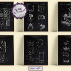 Set aus 6 Computers & Elektronik Patentdrucken [Vol. 2 - Schwarze Tafel] - Gaming Room Wandkunst. Eisenwaren. Geschenke für Geeks