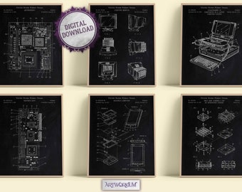 Set of 6 Computers & Electronics Patent Prints [Vol. 2 - Black Chalkboard] - Gaming Room Wall Art. Hardware Home Decor. Gifts For Geeks