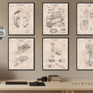 May include: A set of six framed wall art prints featuring vintage-style technical patent drawings on a beige background. The illustrations depict various mechanical components, including headphones, a storage device, and a floppy disk, with black ink lines.