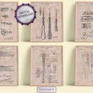 Set of 6 Woodworking Patent Prints - Old Graph Paper - 1800s and 1900s Vintage Wall Art for DIY, carpentry or woodworking lovers