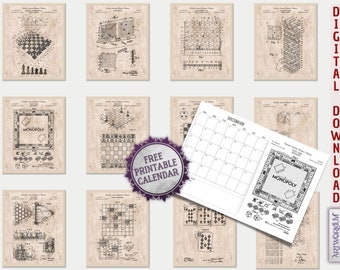 Lot de 12 tirages de brevets de jeu [Vol.1+2 - Vieux papiers] Soirée jeux vidéo classique. Art mural jeux de table rétro. Cadeau pour les amateurs de jeux de société. Décoration de salle de jeux