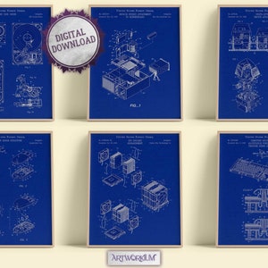 May include: A set of six blue and white vintage computer hardware patent prints. The prints feature illustrations of a hard drive, a mouse, a keyboard, and a CPU.