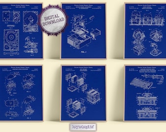 Set of 6 Computers And Electronics Patent Prints [Vol. 1 - Blueprint] | Computer Gaming Room Wall Art. Hardware Home Decor. Gifts For Geeks.