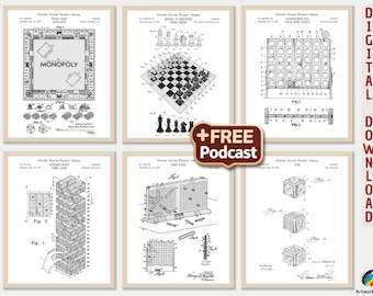 Game Patent Prints Set + PODCAST: Vintage Board Games Art [Volume 2 - White] (Digital Download)
