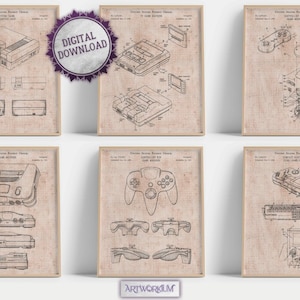 Set di 6 stampe di brevetti di console per videogiochi retrò [Vol. 1 - Vecchia carta millimetrata] Decorazione da parete per sala giochi, Nostalgia del gioco, Poster decorativi, Regali per giocatori
