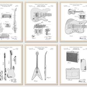 Set of 6 Guitar Patent Prints [White Version] | Musician Gift | Electric Guitar Print | Amplifier Print | Music Instrument INSTANT DOWNLOAD