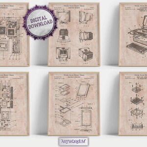 May include: A set of six framed vintage-style patent prints featuring computer technology diagrams. The prints showcase detailed illustrations of a motherboard, computer monitor, laptop, graphic card, and other computer components. The prints have a sepia tone and are labeled "Digital Download".