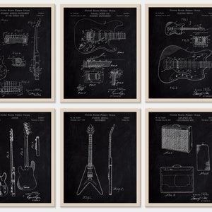 Set of 6 Guitar Patent Prints [Chalkboard] | Musician Gift | Electric Guitar Print | Amplifier Print | Music Instrument INSTANT DOWNLOAD