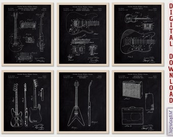Impressions d'art pour guitare (lot de 6) - Tableau, décoration de musicien [noir] (téléchargement instantané)