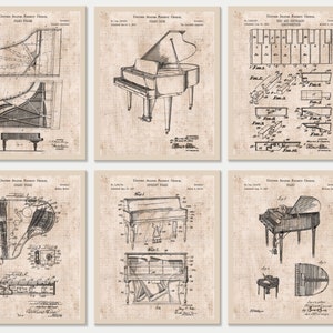 Set of 6 Piano Patent Prints [Graph Paper] Orchestra Grand Piano | Musician Gift | Upright Piano Print | Music Instrument INSTANT DOWNLOAD