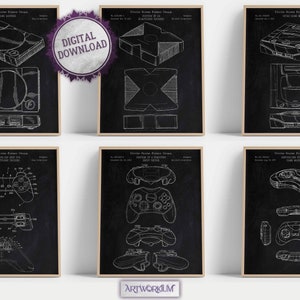 Retro Video Games Console Set Of 6 Patent Prints [Vol. 3 - Chalkboard Version] Gaming Room Wall Art,Gaming Nostalgia,Poster Decor Gamer Gift