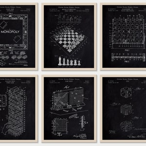 Set of 6 Game Patent Prints [Vol. 2 - Chalkboard] Classic Games Night. Retro Tabletop Games Wall Art. Board Games Lover Gift.Game Room Decor