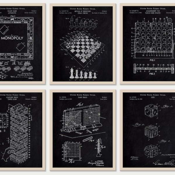 Set of 6 Game Patent Prints [Vol. 2 - Chalkboard] Classic Games Night. Retro Tabletop Games Wall Art. Board Games Lover Gift.Game Room Decor