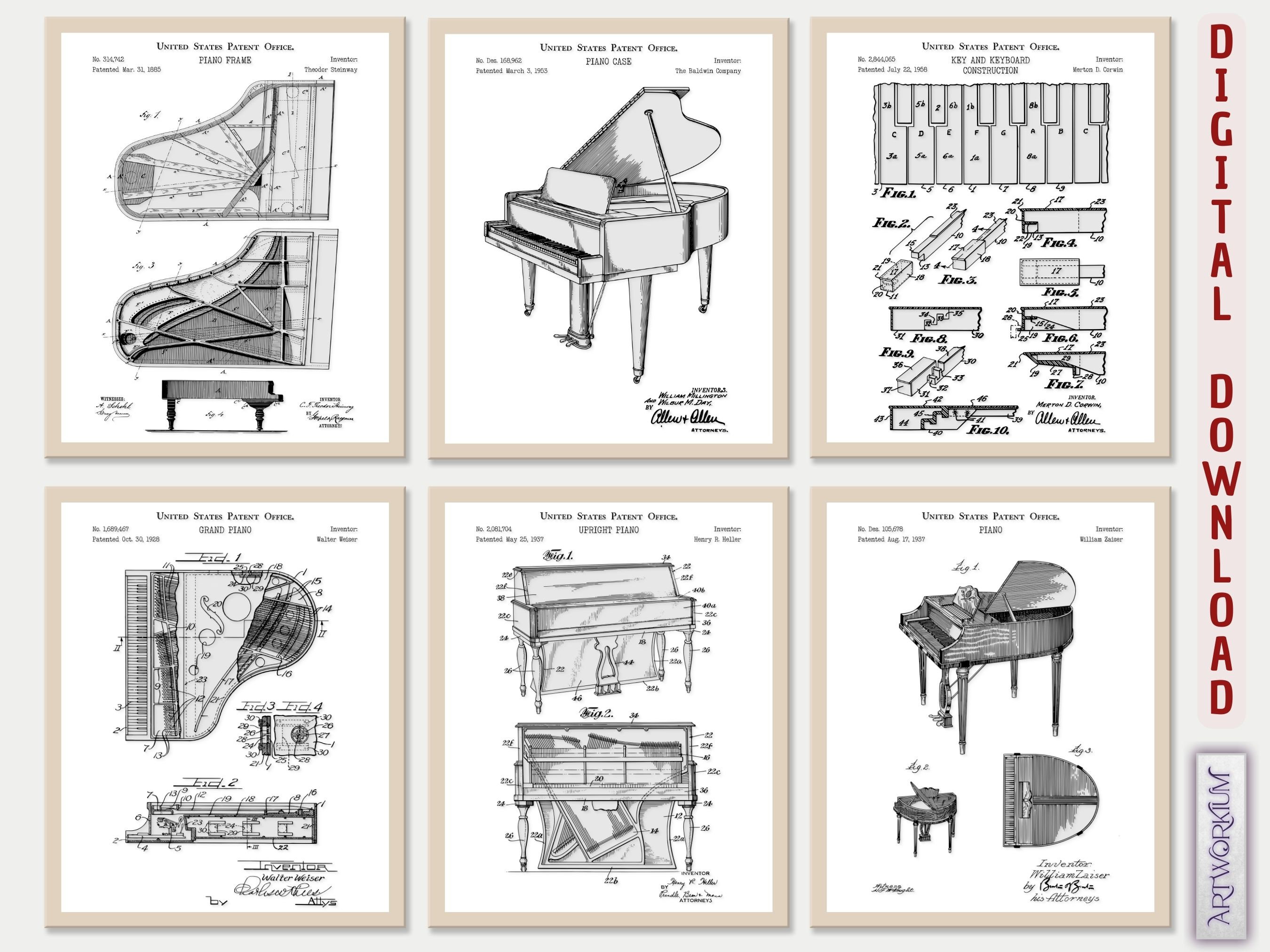 Piano Patent Art Prints (set of 6) - Musician Gift (instant