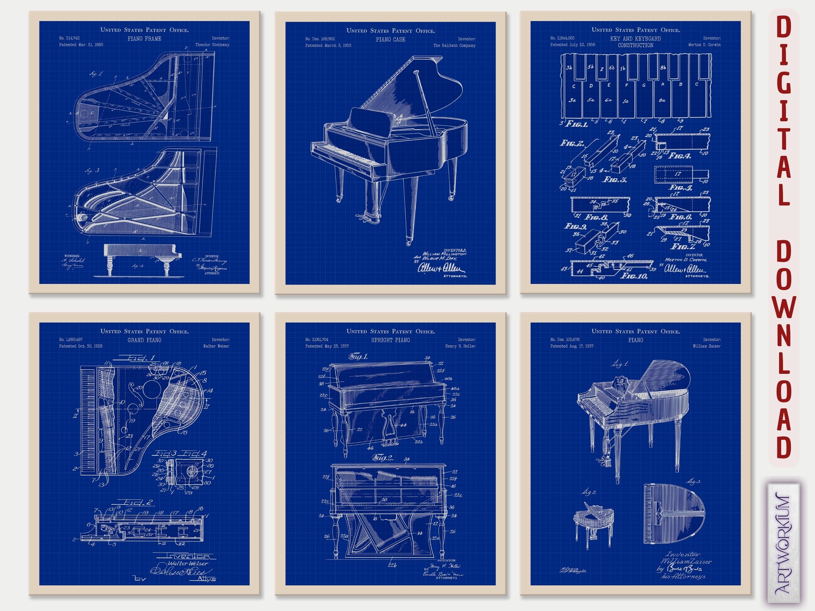 Set of 6 Piano Patent Prints blueprint Orchestra Grand Piano Musician Gift Upright Piano Print ...