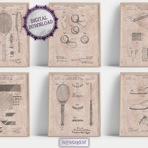 Set of 6 Tennis Patent Prints [Old Graph Paper Version] - Tennis Decor, Garage Decor, Playroom Decor, Sports Art, Tennis Gift, Racket Patent