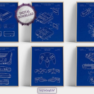 Retro Video Games Console Set Of 6 Patent Prints [Vol. 1 - Blueprint], Gaming Room Wall Art, Gaming Nostalgia, Poster Decor Gamer Gifts