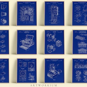 May include: A collection of twelve blue and white patent-style prints featuring technical diagrams of vintage computer hardware, including monitors, motherboards, keyboards, and hard drives, arranged in a grid with the text DIGITAL DOWNLOAD.