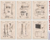 Guitar Patent Art Prints (Set of 6) - Vintage Music Room Decor [Old Paper] (Instant Download)
